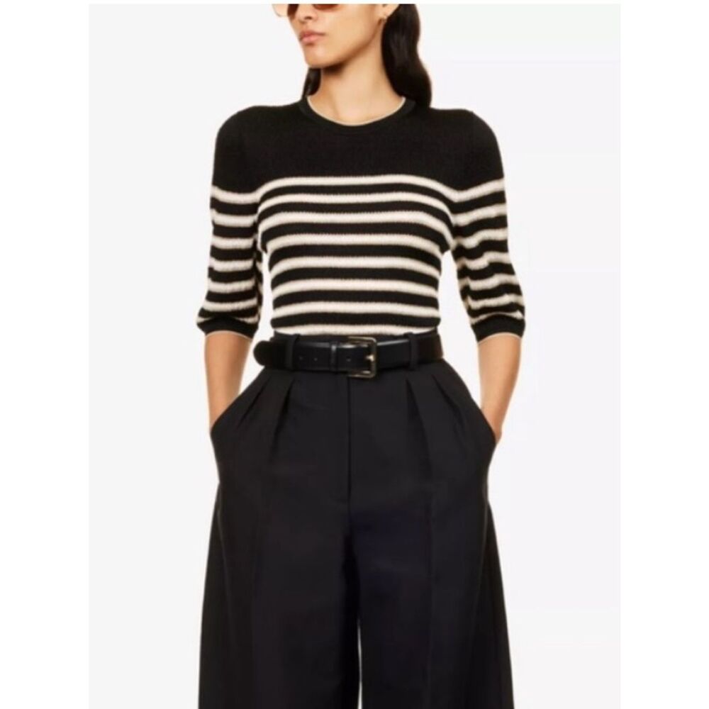 ME+EM Black & Ivory Breton Stripe Metallic Knit Top